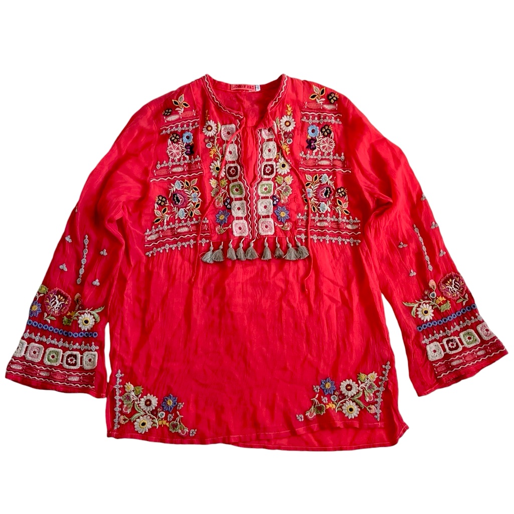 Johnny Was Bright Red Embroidered Coriander Blouse